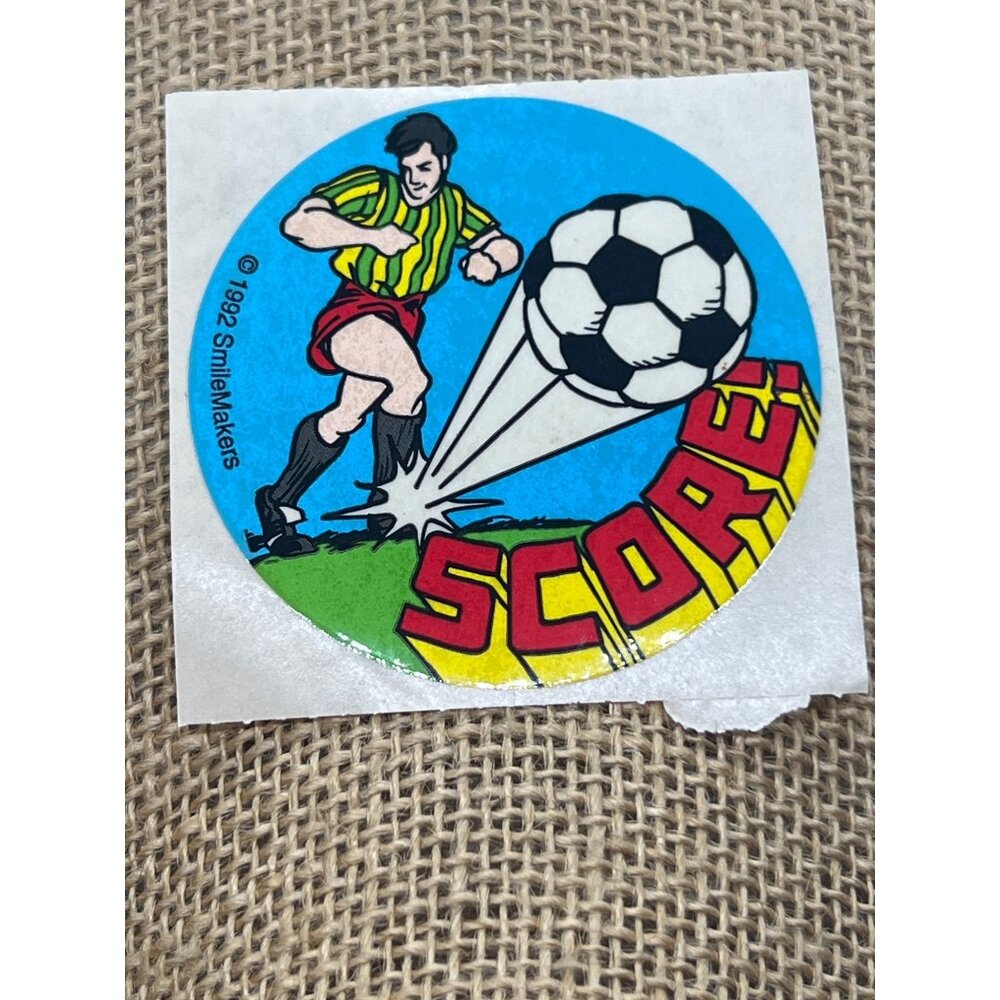 Vintage 1992 SmileMakers Soccer "Score!" Sticker Round Soccer Ball 2.5"
